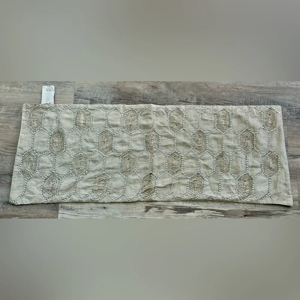 Pier 1 Imports taupe table runner with embroidered hexagon pattern